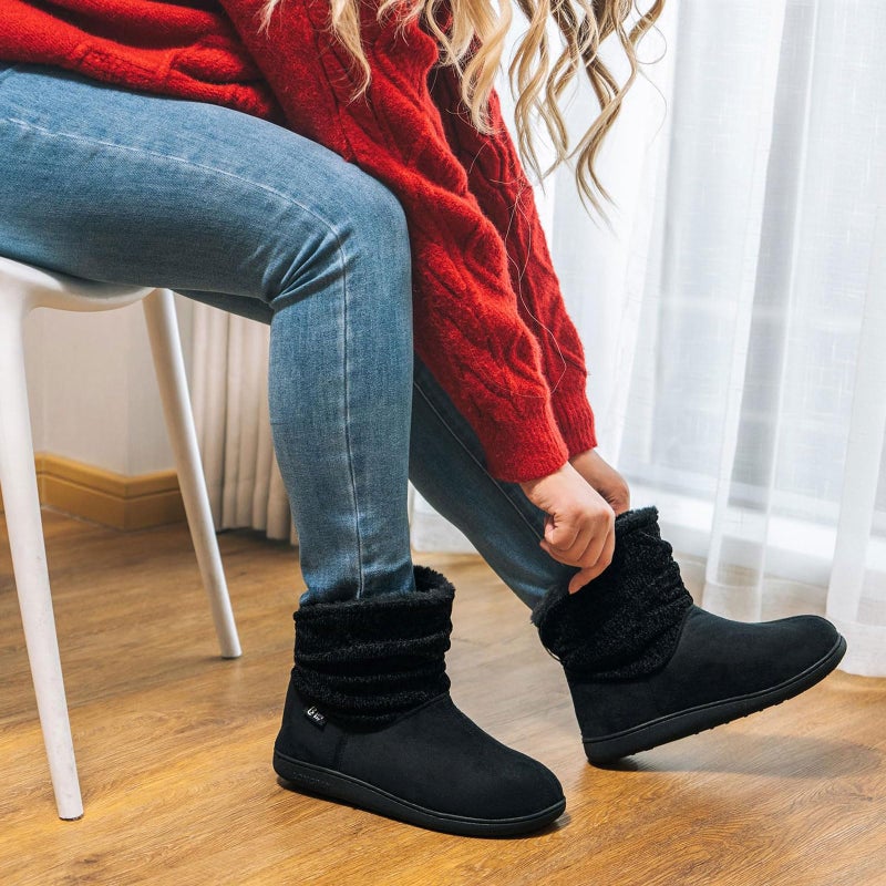 Longbay Women's Warm Chenille Knit Bootie Slippers Memory Foam Comfy Suede Fluffy Faux Fur Memory Foam Boots House Shoes (Medium / 7-8, Black) - Image 2